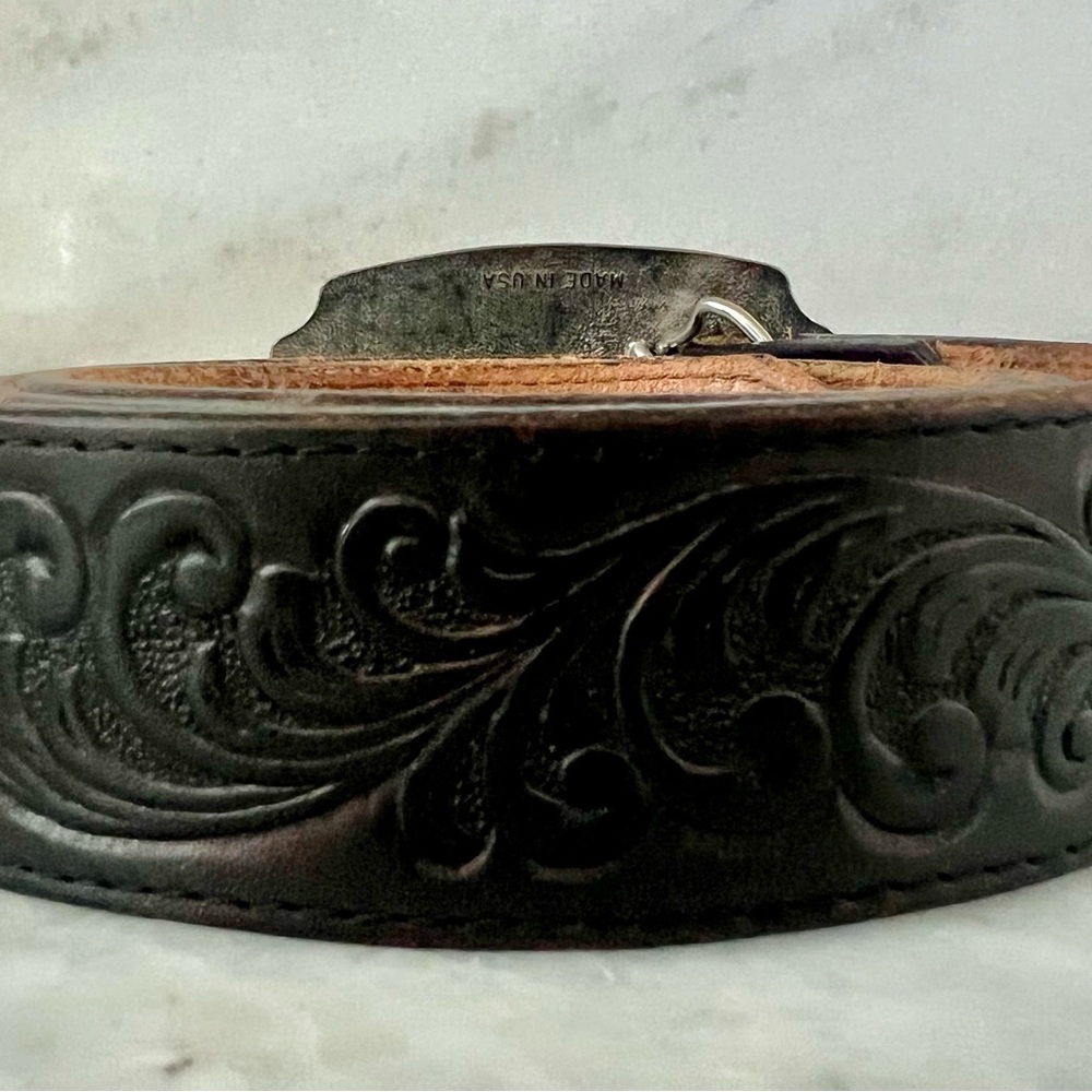 Justin Top Grain Men’s Size 36 Cowhide Western Floral Tooled Belt Silver Buckle - Picture 9 of 12